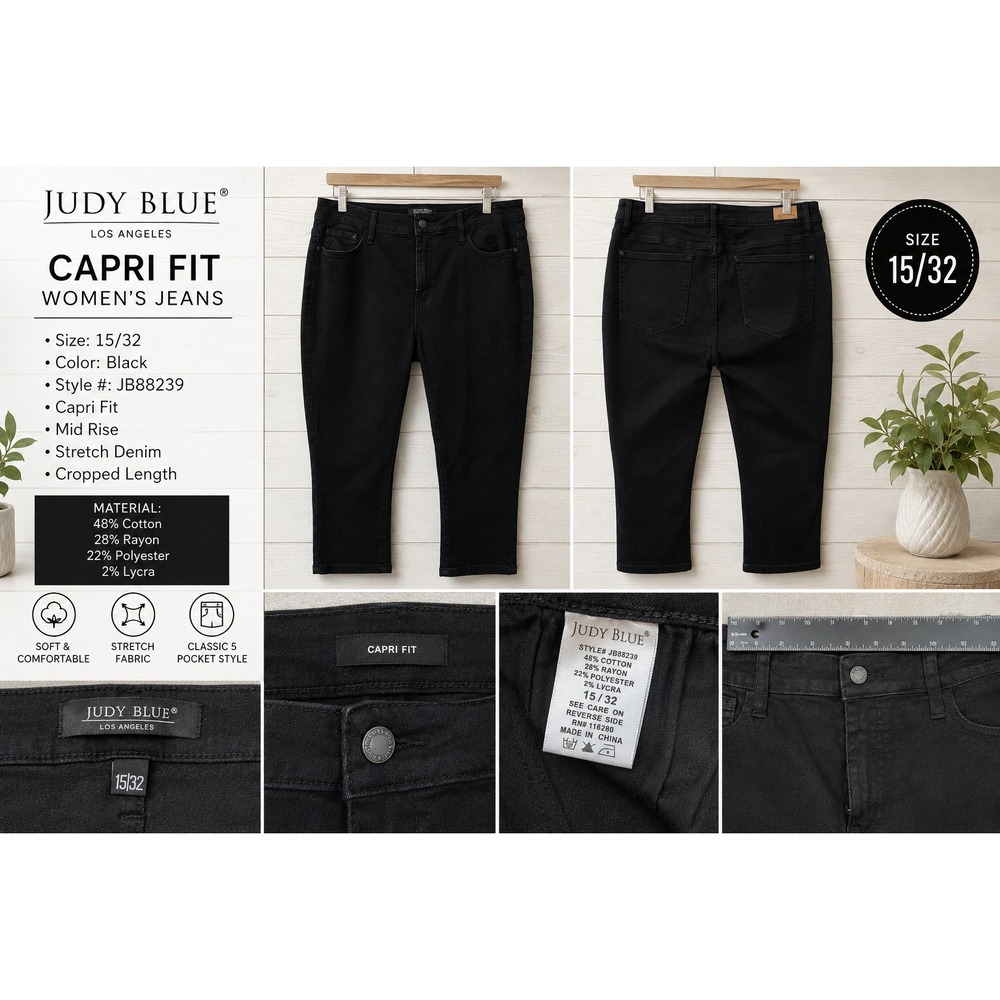 Judy Blue Blk Capri Fit Mid Rise Stretch Denim Cropped Jeans JB88239 Size 15/32